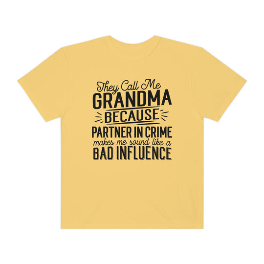 Grandma Tee: Yellow shirt with black text, 100% ring-spun cotton, relaxed fit, durable double-needle stitching, no side-seams for tubular shape. From Worlds Worst Tees.
