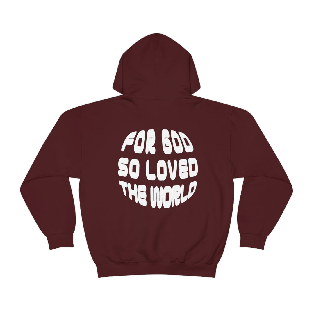 Unisex For God So Loved the World Hoodie, red with white text, cotton-polyester blend, kangaroo pocket, drawstring hood, medium-heavy fabric, classic fit.