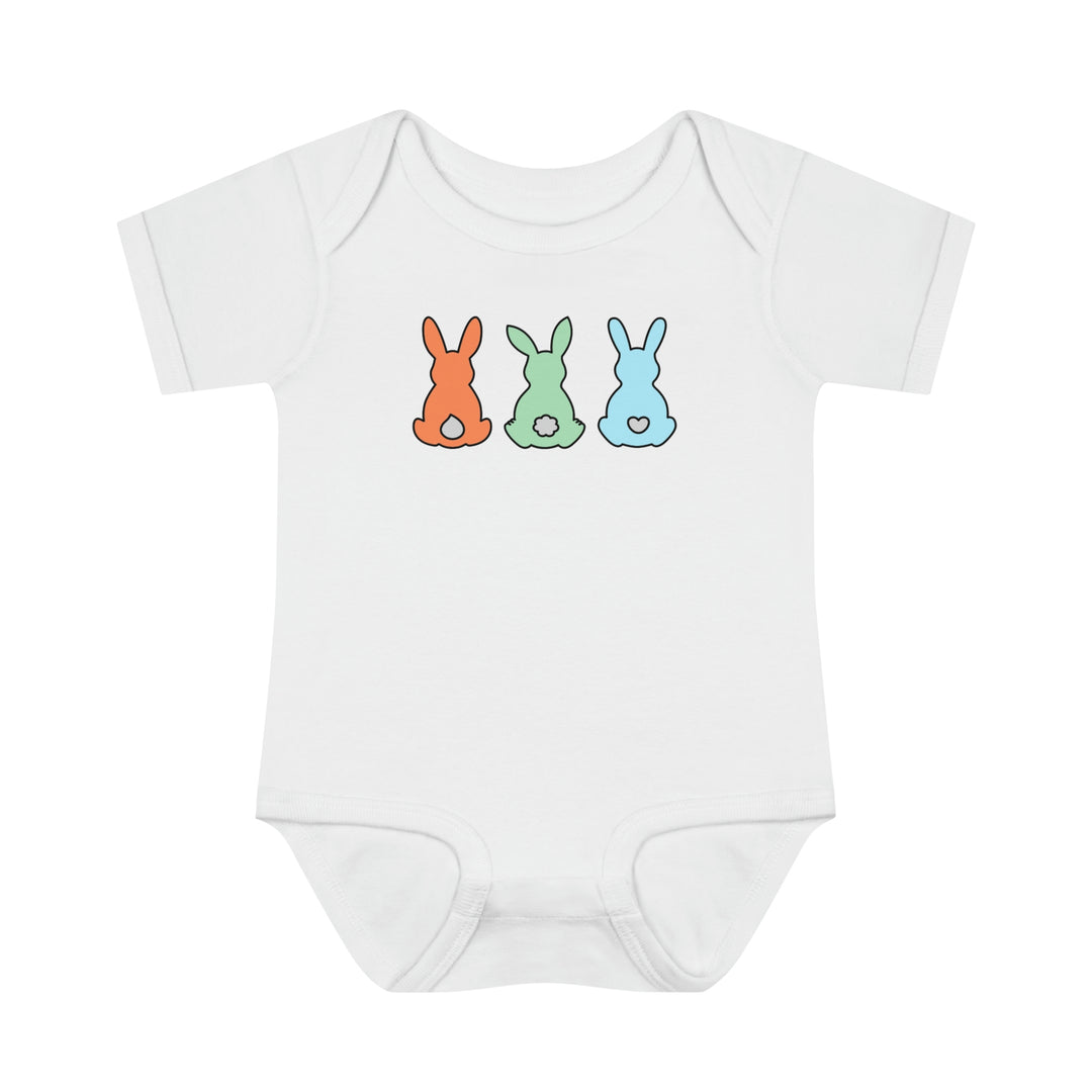 Infant white bodysuit featuring colorful bunnies, ideal for younglings. Lap shoulders for easy adjustments. Made of soft ring-spun cotton for comfort. From Worlds Worst Tees.