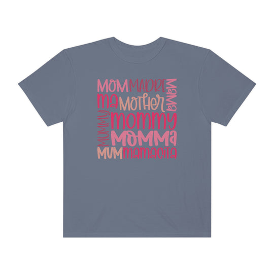 Alt text: Mama Tee, a soft-washed, garment-dyed t-shirt made of 100% ring-spun cotton. Features a relaxed fit, double-needle stitching, and no side-seams for durability and comfort.
