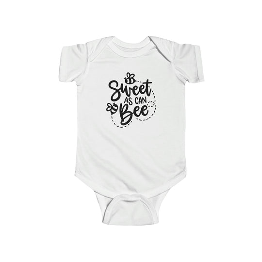 A durable and soft infant fine jersey bodysuit, the Sweet as can Be Onesie features 100% cotton fabric, ribbed knitting for durability, and plastic snaps for easy changing access. Perfect for babies 0-24M.