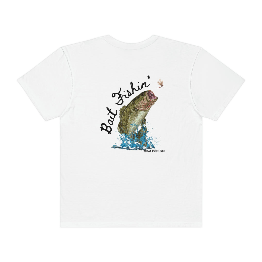 Bait Fishin Tee: White t-shirt featuring a fish and a fly design. 100% ring-spun cotton, medium weight, relaxed fit, durable double-needle stitching, seamless sides. Sizes S to 3XL.