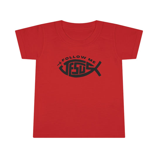 A toddler tee featuring a black text design on a red shirt. Classic fit with high stitch density, double-needle collar, sleeve, and bottom hems for durability. Made of 100% Ringspun cotton.