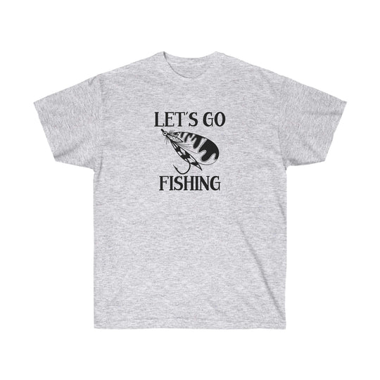 Unisex Let's Go Fly Fishing Tee: Classic fit, 100% cotton, ribbed collar, tear-away label. Graphic of fishing lure on grey shirt. From 'Worlds Worst Tees'.