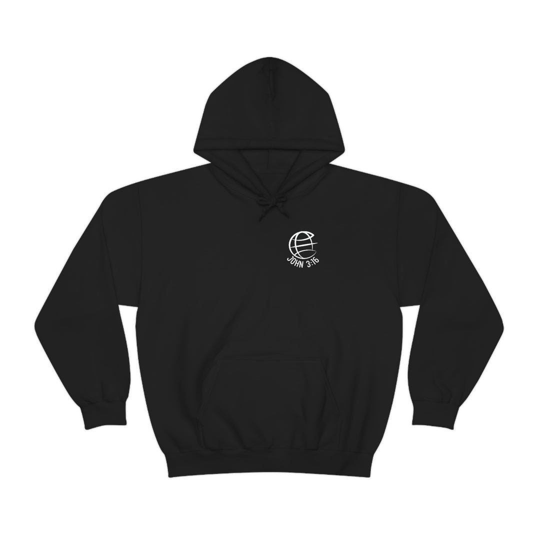 A black hoodie with a globe logo, a kangaroo pocket, and drawstring. Unisex heavy blend for comfort, warmth, and printing. 50% cotton, 50% polyester, tear-away label. For God So Loved the World Hoodie.