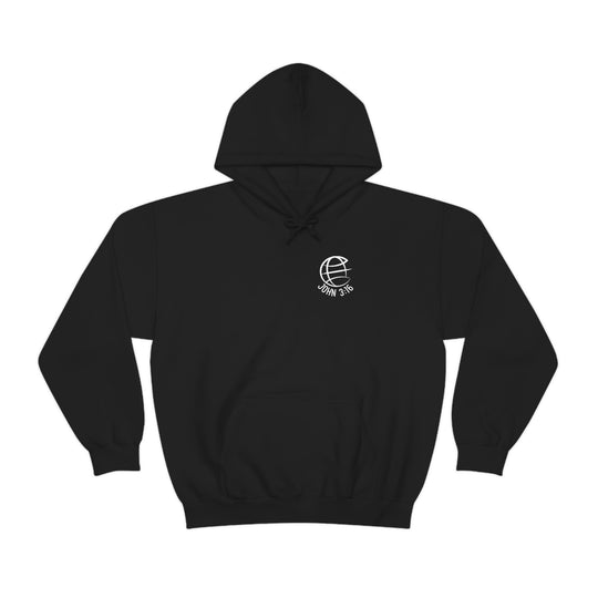 A black hoodie with a globe logo, a kangaroo pocket, and drawstring. Unisex heavy blend for comfort, warmth, and printing. 50% cotton, 50% polyester, tear-away label. For God So Loved the World Hoodie.
