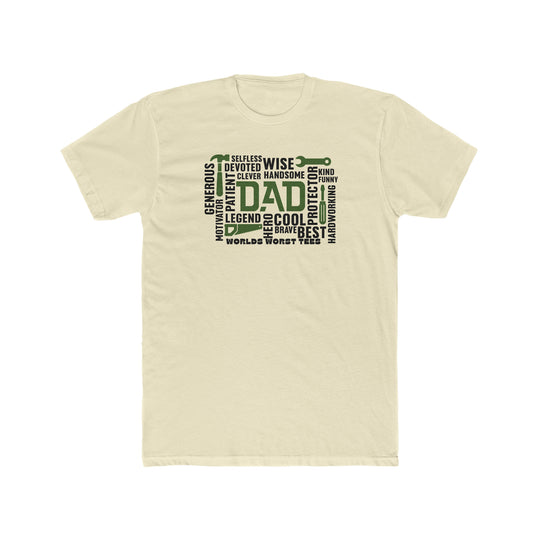 Relaxed fit All Dad All Day Tee, a white shirt with black text. 100% ring-spun cotton, medium weight, durable double-needle stitching, no side-seams for a tubular shape.