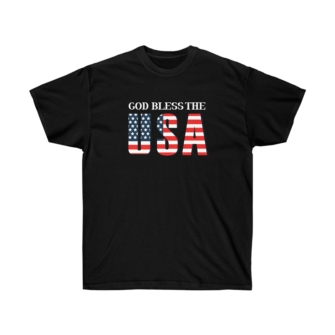 Unisex God Bless The USA Dudes Tee, classic fit, 100% cotton. Black shirt with patriotic red, white, and blue text. Quality construction, sustainably sourced. No side seams, ribbed collar.