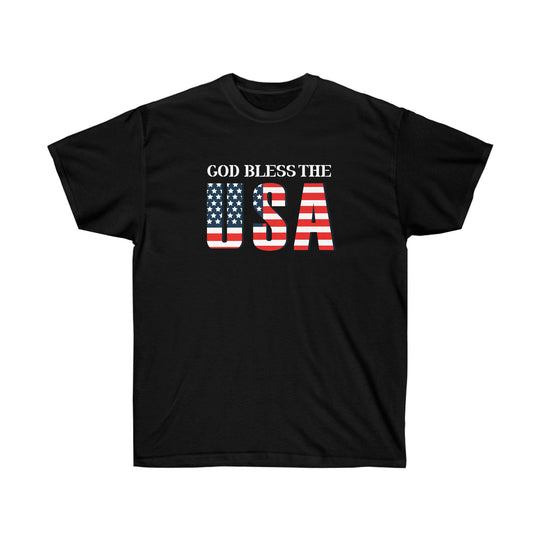 Unisex God Bless The USA Dudes Tee, classic fit, 100% cotton. Black shirt with patriotic red, white, and blue text. Quality construction, sustainably sourced. No side seams, ribbed collar.