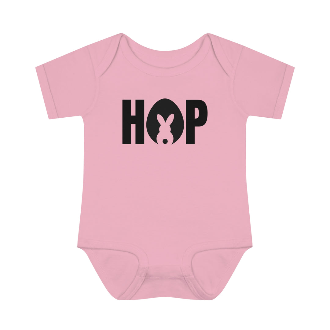 Hop Onesie: Soft infant bodysuit with lap shoulders for easy dressing. 100% ring-spun cotton, unisex fit, light fabric. Ideal for younglings.
