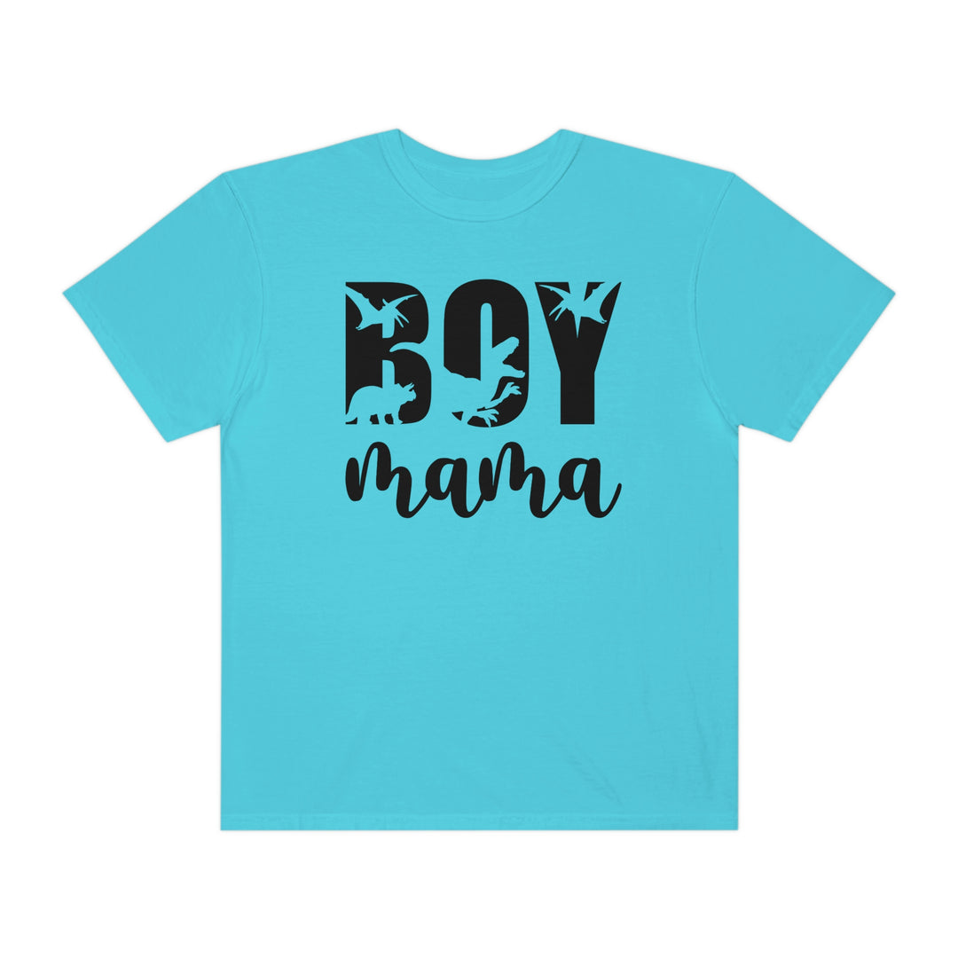 A Total Boy Mama Tee, a blue shirt with black text, crafted from 100% ring-spun cotton. Garment-dyed for extra coziness, featuring a relaxed fit and durable double-needle stitching. Ideal for daily wear.