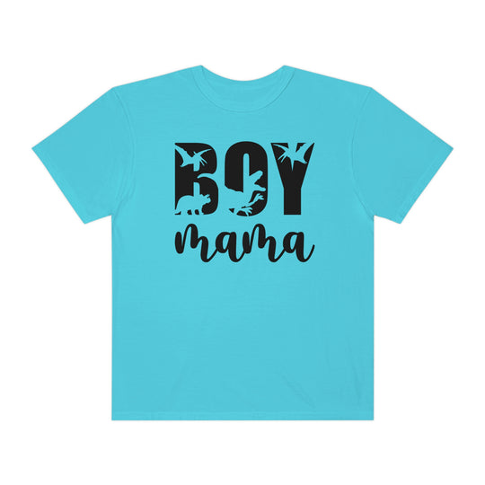 A Total Boy Mama Tee, a blue shirt with black text, crafted from 100% ring-spun cotton. Garment-dyed for extra coziness, featuring a relaxed fit and durable double-needle stitching. Ideal for daily wear.