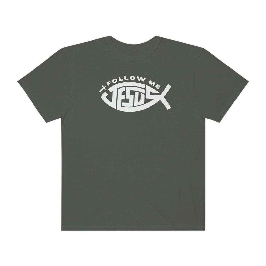 A relaxed-fit Jesus Follow Me Tee crafted from 100% ring-spun cotton. Garment-dyed for extra coziness, featuring double-needle stitching for durability and a seamless design for a tubular shape.