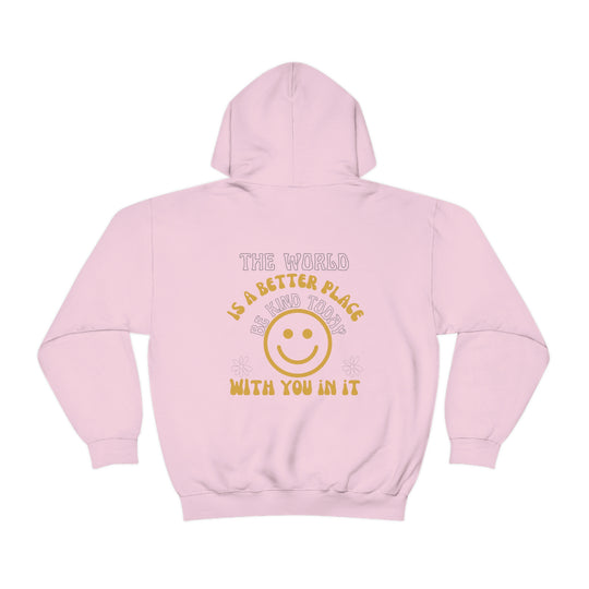 Unisex Be Kind Today Hoodie: Pink hoodie with smiley face and words. Cotton-polyester blend, kangaroo pocket, classic fit. Ideal for relaxation and printing. No side seams, drawstring hood.