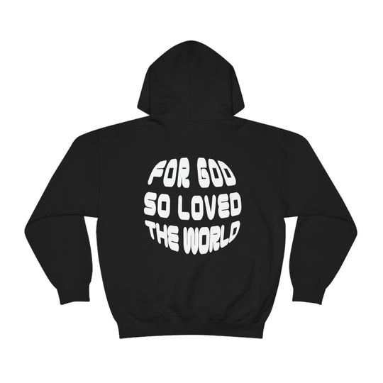 Unisex heavy blend hooded sweatshirt featuring For God So Loved the World design. Cotton-polyester fabric, kangaroo pocket, drawstring hood, tear-away label. Classic fit, medium-heavy fabric. From Worlds Worst Tees.