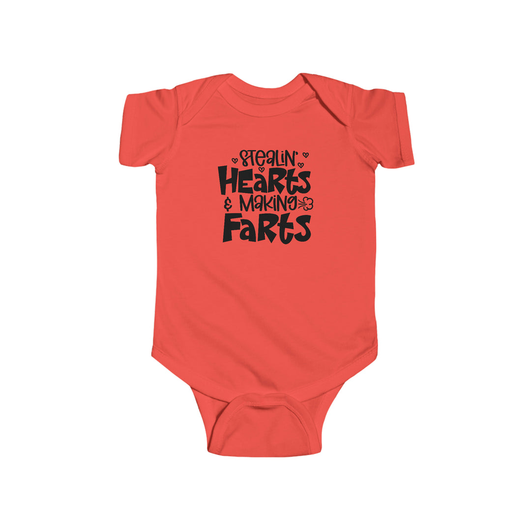 Infant fine jersey bodysuit, Stealin Hearts and Making Farts Onesie, 100% cotton, light fabric, ribbed knit bindings, plastic snaps at cross closure for easy changing access. From Worlds Worst Tees.