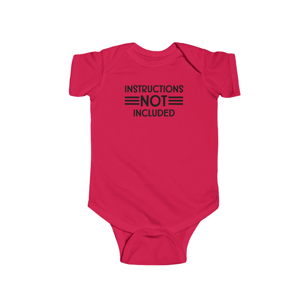 A durable and soft infant fine jersey bodysuit with ribbed bindings and plastic snaps for easy changing access. Title: Instructions Not Included Onesie. Fabric: 100% cotton (fiber content may vary), light fabric (4.5 oz/yd²).