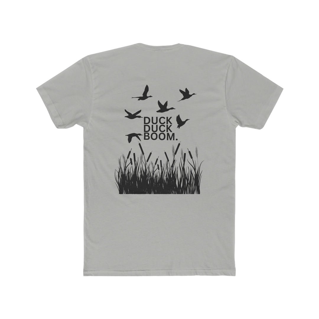 A premium fitted men’s Duck Duck Boom Tee, featuring ribbed knit collar, roomy fit, and 100% combed cotton fabric. Classic, comfy, and light for workouts or daily wear.