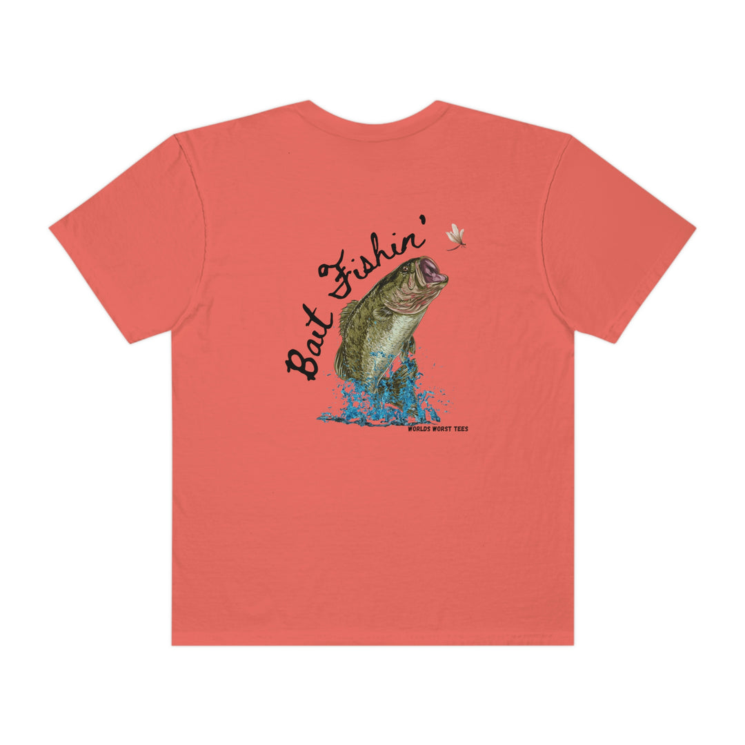 A relaxed fit Bait Fishin Tee, featuring a fish and fly design on the back. Made of 100% ring-spun cotton for durability and comfort. No side-seams for a tubular shape.