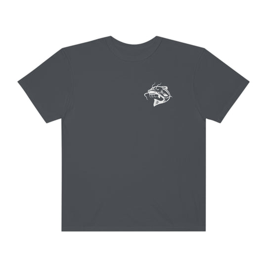 Comfort Colors Flathead Fishing Unisex Tee: Grey shirt with fish design, ring-spun cotton, relaxed fit, durable double-needle stitching, and sewn-in twill label.