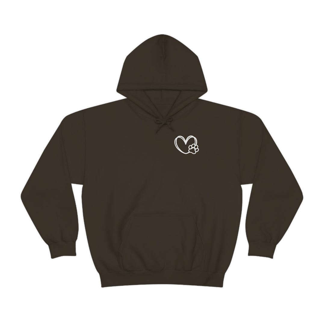Unisex Dogs are my Favorite People Hoodie: Brown sweatshirt with heart and paw print, kangaroo pocket, and drawstring hood. 50% cotton, 50% polyester, 8.0 oz/yd² fabric, classic fit.