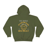 Unisex Be Kind Today Hoodie: Green sweatshirt with white text, kangaroo pocket, and drawstring hood. Cotton-polyester blend, plush feel, no side seams, medium-heavy fabric, classic fit. Ideal for printing.