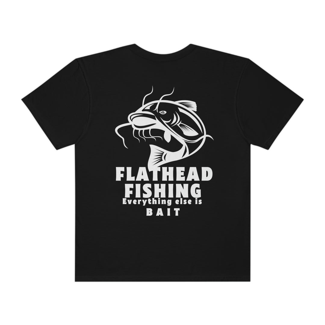 Comfort Colors Flathead Fishing Unisex Tee: Black shirt featuring a fish design. 100% ring-spun cotton, relaxed fit, durable double-needle stitching, seamless sides for comfort.