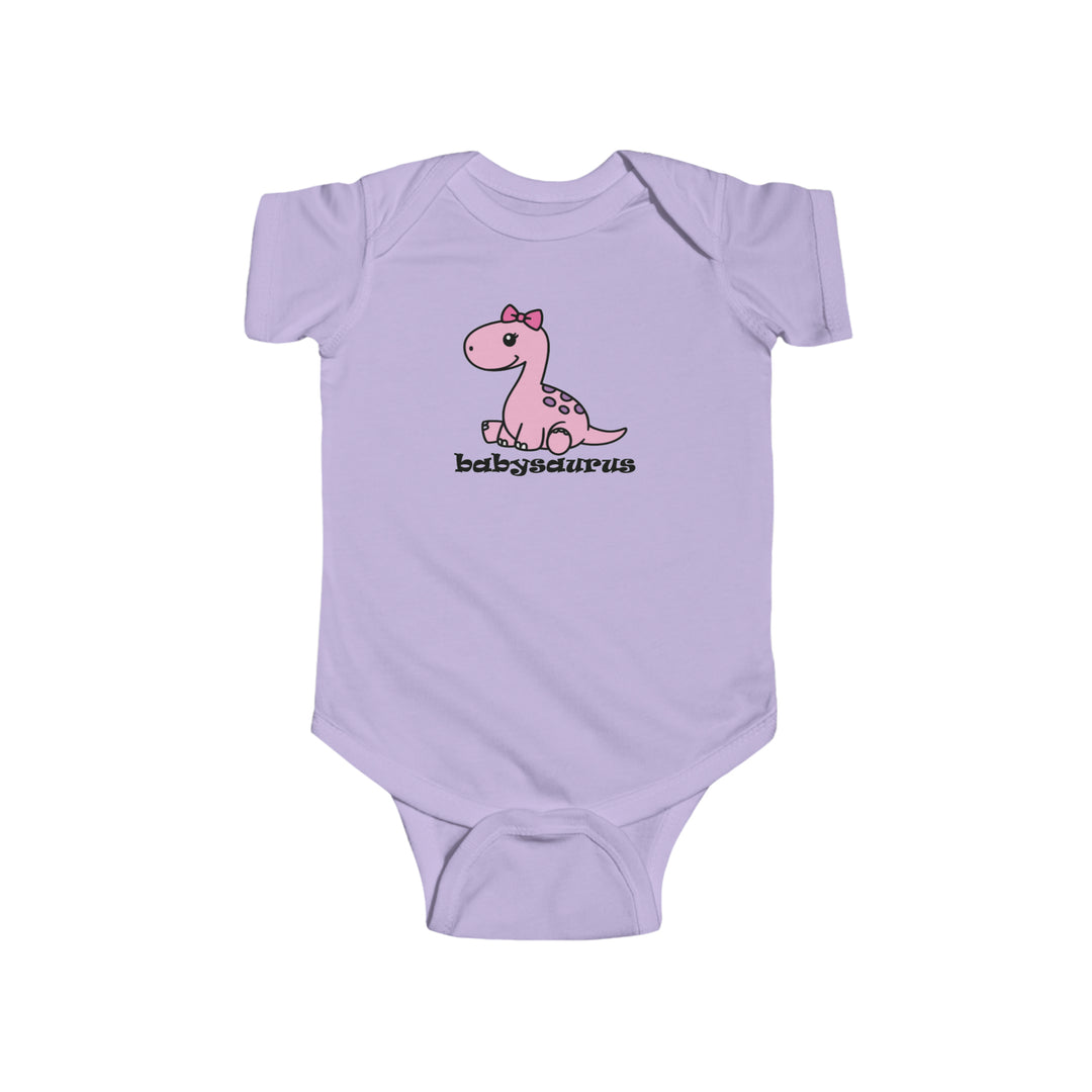 A durable and soft Babysaurus Girls Onesie, featuring a cartoon dinosaur design on a baby girl shirt. Made of 100% cotton fabric, with ribbed bindings and plastic snaps for easy changing access.
