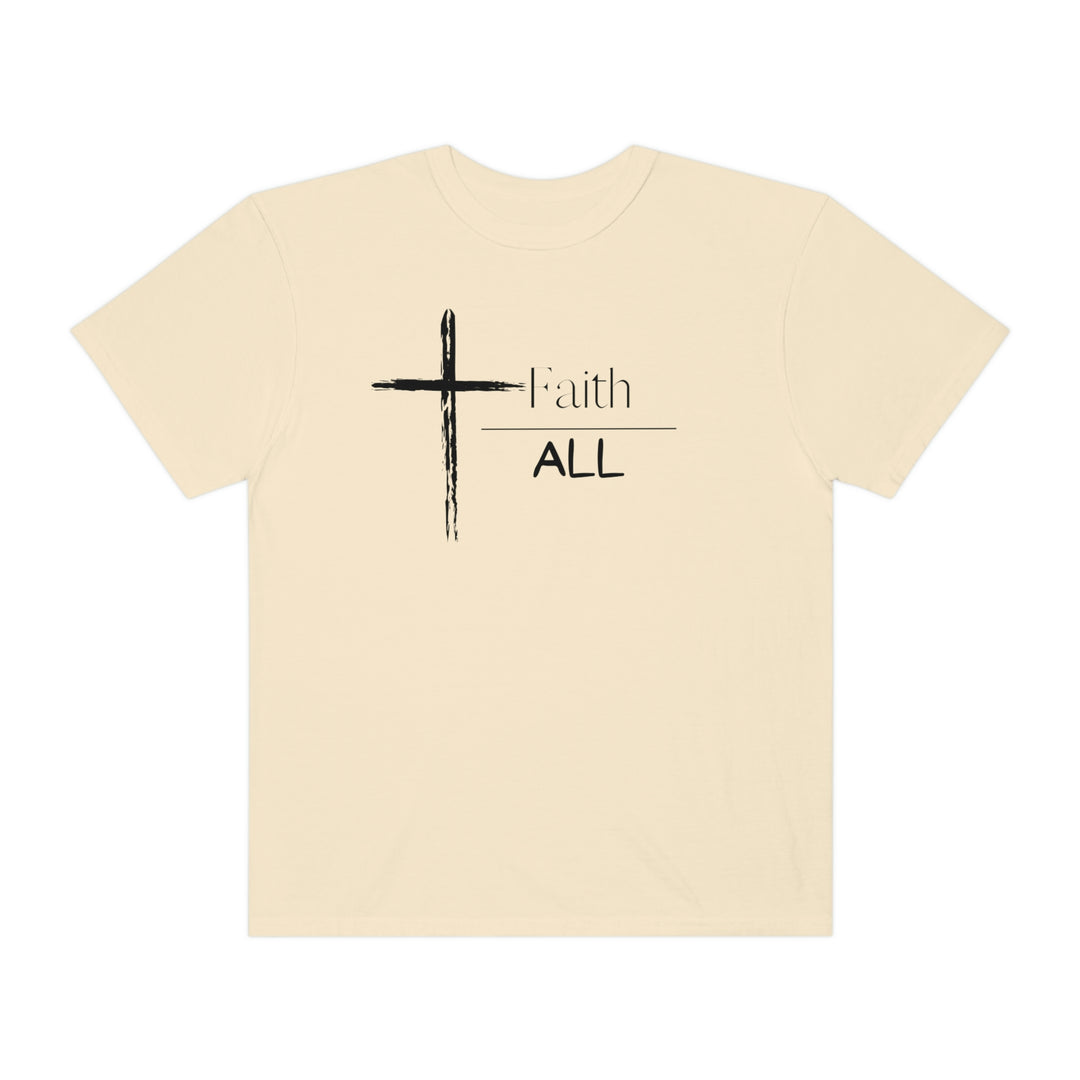 A Faith Over All Tee, a white t-shirt with a cross and words. 100% ring-spun cotton, medium weight, relaxed fit for daily comfort. Durable double-needle stitching, tubular shape with no side-seams.