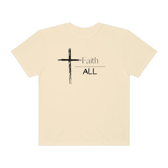 A Faith Over All Tee, a white t-shirt with a cross and words. 100% ring-spun cotton, medium weight, relaxed fit for daily comfort. Durable double-needle stitching, tubular shape with no side-seams.