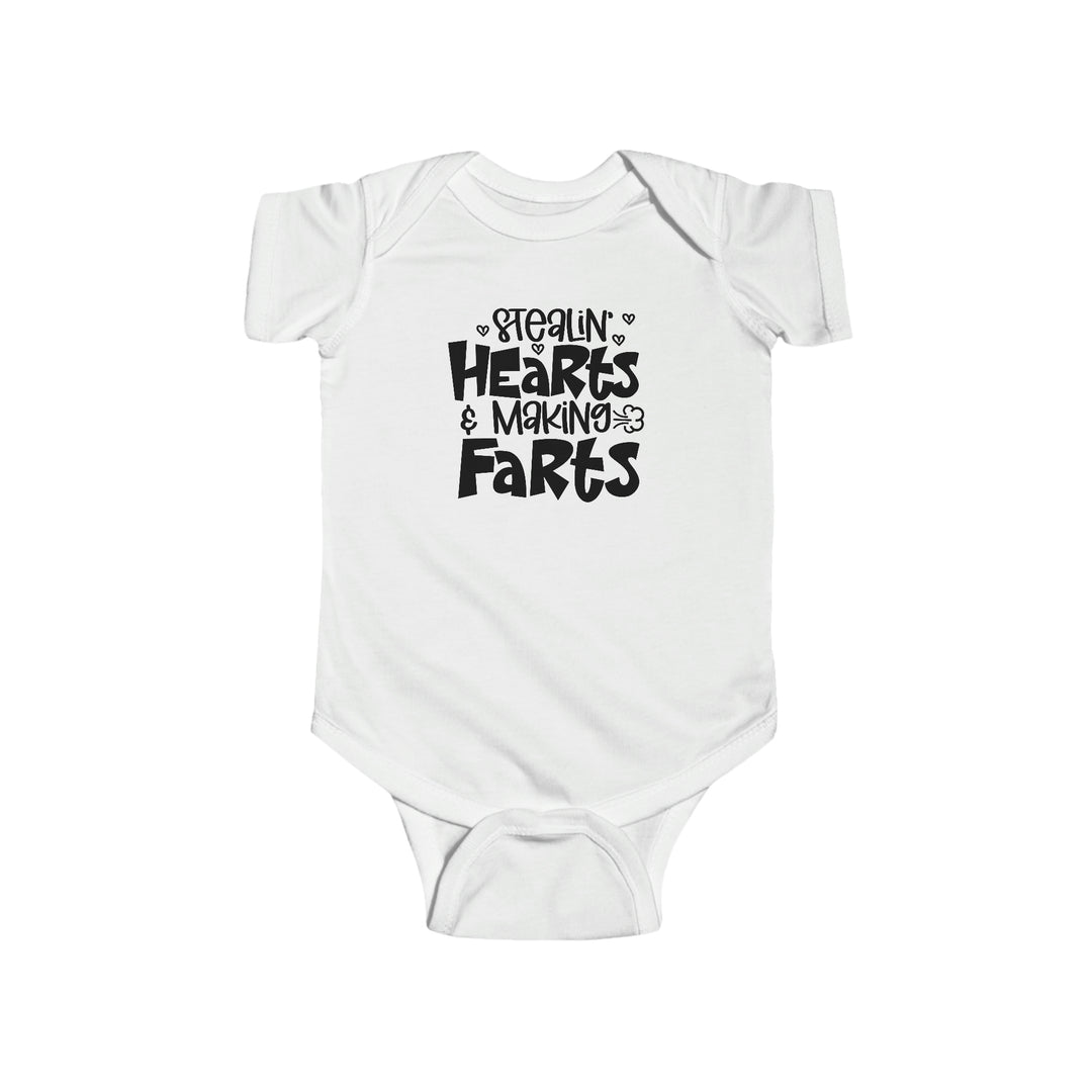 A durable and soft infant fine jersey bodysuit, the Stealin Hearts and Making Farts onesie. Features 100% cotton fabric, ribbed knitting bindings, and plastic snaps for easy changing access. From Worlds Worst Tees.