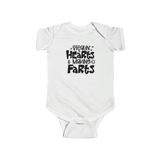 A durable and soft infant fine jersey bodysuit, the Stealin Hearts and Making Farts onesie. Features 100% cotton fabric, ribbed knitting bindings, and plastic snaps for easy changing access. From Worlds Worst Tees.