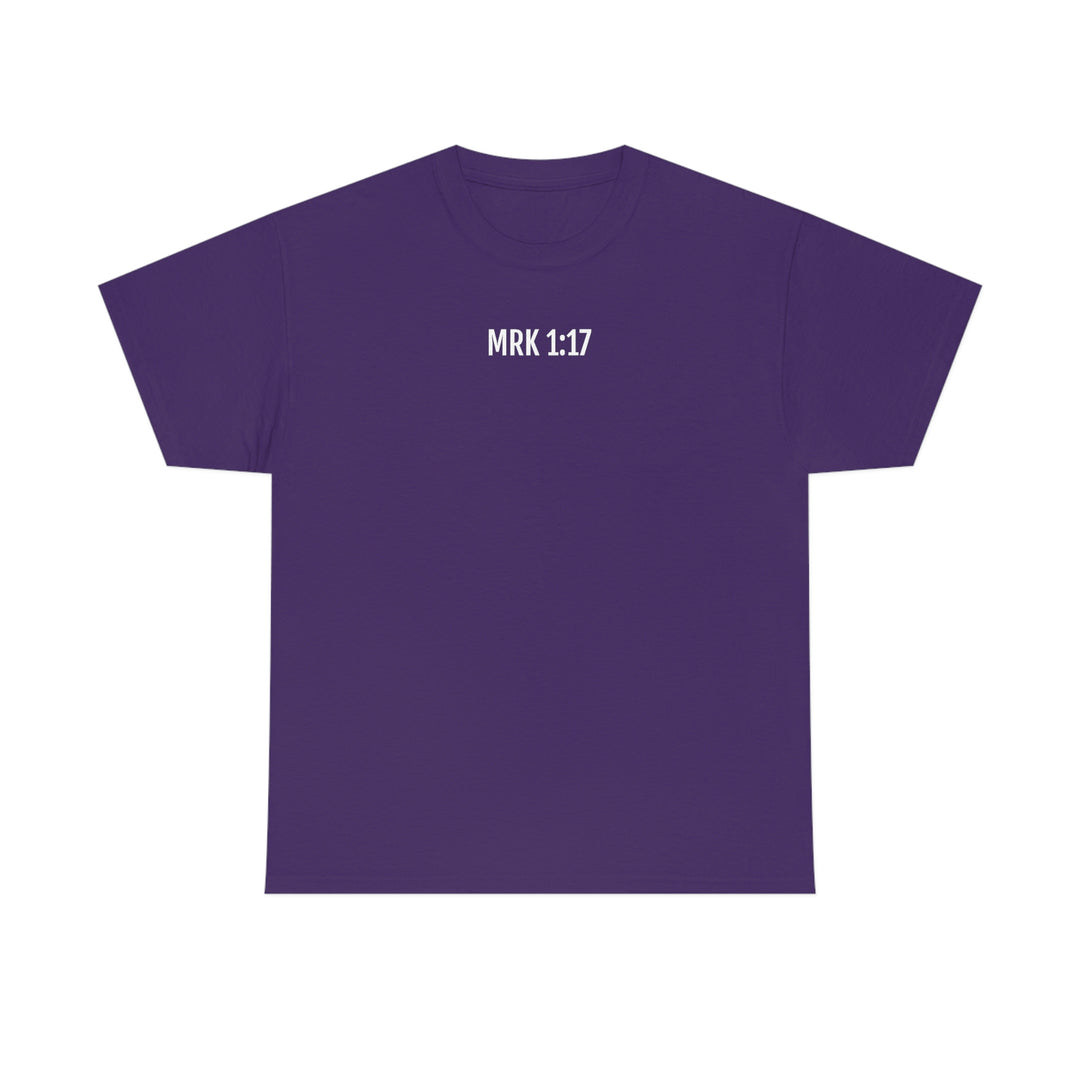 Unisex Fisher of Man Tee, a purple t-shirt with white text. Classic fit, ribbed knit collar, no side seams for comfort. Medium weight fabric, 100% cotton. Sizes S-5XL.
