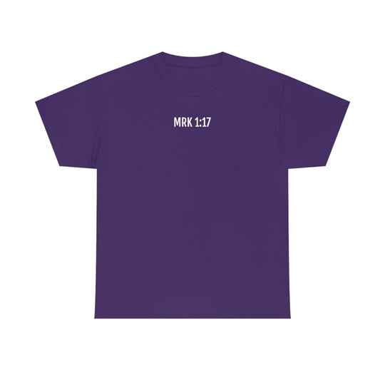 Unisex Fisher of Man Tee, a purple t-shirt with white text. Classic fit, ribbed knit collar, no side seams for comfort. Medium weight fabric, 100% cotton. Sizes S-5XL.