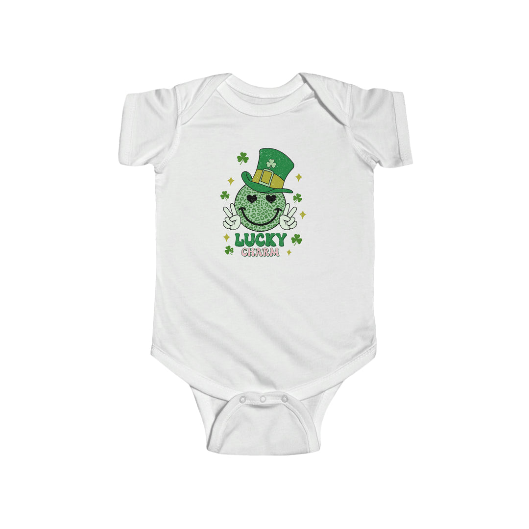 A Little Charm Onesie for infants, featuring a white bodysuit with a green leprechaun hat design. Made of 100% cotton, with ribbed bindings and plastic snaps for easy changing. Durable and soft, perfect for little ones.