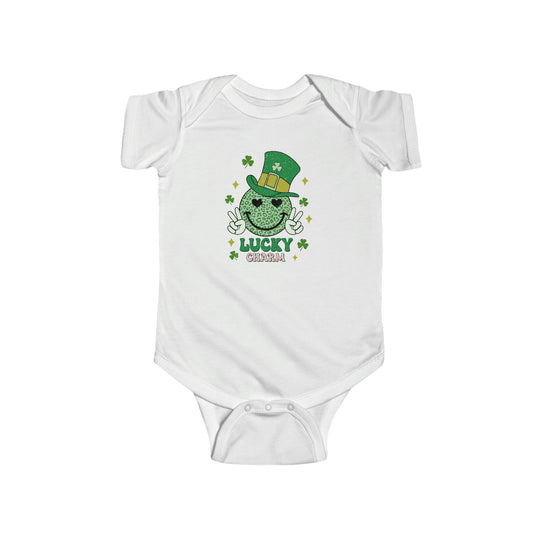 A Little Charm Onesie for infants, featuring a white bodysuit with a green leprechaun hat design. Made of 100% cotton, with ribbed bindings and plastic snaps for easy changing. Durable and soft, perfect for little ones.