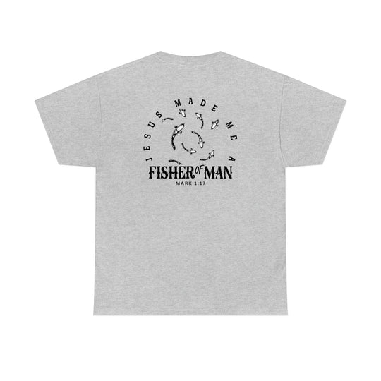 Unisex Fisher of Man Tee, back view, grey shirt with fish logo. No side seams for comfort, tape on shoulders for durability. Ribbed knit collar, 100% cotton, classic fit. Sizes S-5XL.
