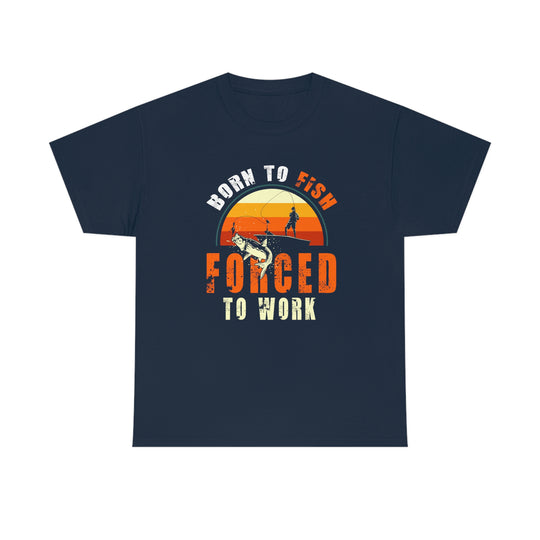 Unisex Born to Fish Tee: A blue t-shirt with a graphic design. No side seams for comfort, tape on shoulders for durability, ribbed knit collar. 100% cotton, classic fit. Sizes S-5XL.