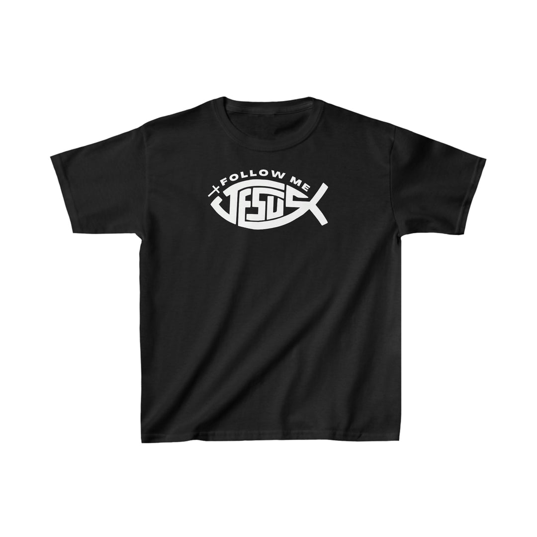Kids Jesus Follow Me Tee: Black shirt with white design. 100% cotton, twill tape shoulders, ribbed collar. Ideal for everyday wear. Sizes XS to XL. Lightweight, classic fit. No side seams.