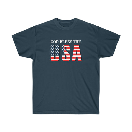 Unisex God Bless The USA Dudes Tee, featuring red and white text on a blue shirt. Classic fit, 100% cotton, sustainably sourced, tear-away label. From Worlds Worst Tees.