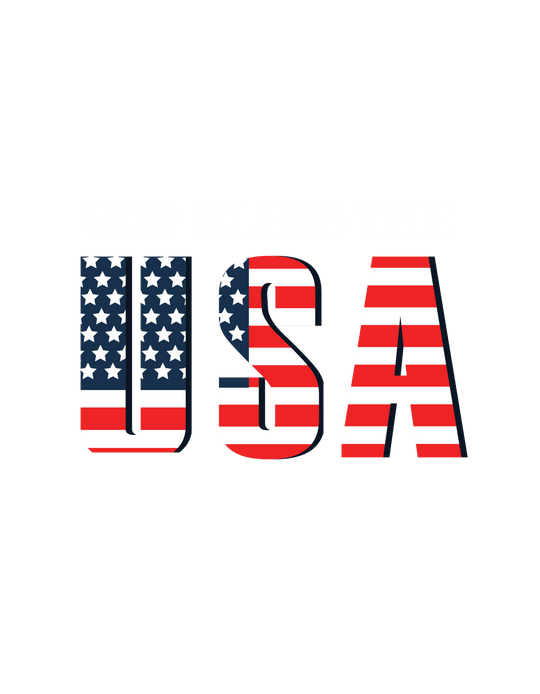 Graphic tee with God Bless The USA text, stars, stripes, and flag elements. Unisex classic fit, 100% cotton, ribbed collar, sustainably sourced. From 'Worlds Worst Tees'.