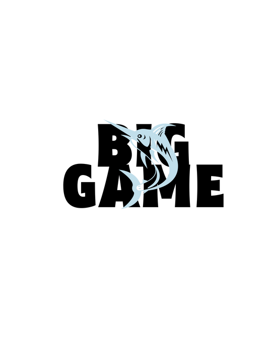 A customizable BIG GAME FISHER Tee by Comfort Colors, 100% ring-spun cotton, relaxed fit, durable double-needle stitching, and seamless design for comfort. Sketch of a blue swordfish on a black background.