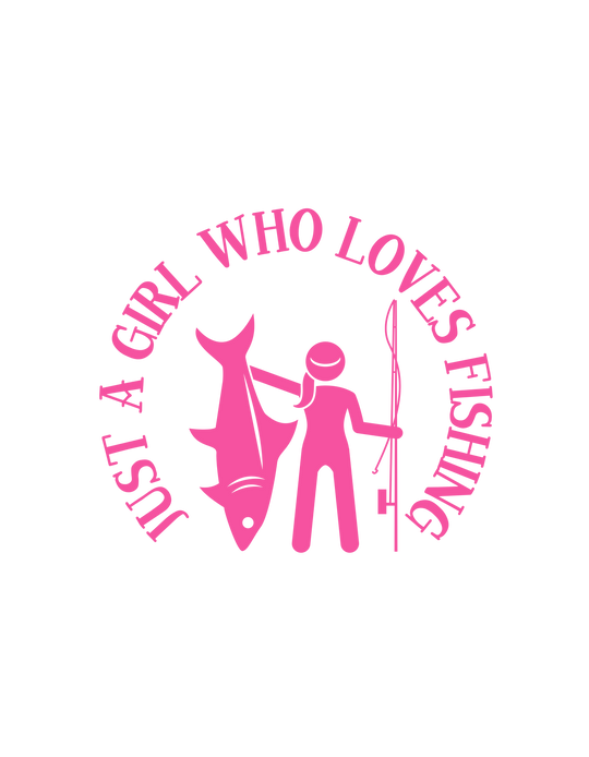 Unisex Just a Girl Who Loves Fishing Tee, featuring a pink logo with a person holding a fish and a stick figure. 100% cotton, tear-away label, classic fit. Ideal for casual fashion enthusiasts.