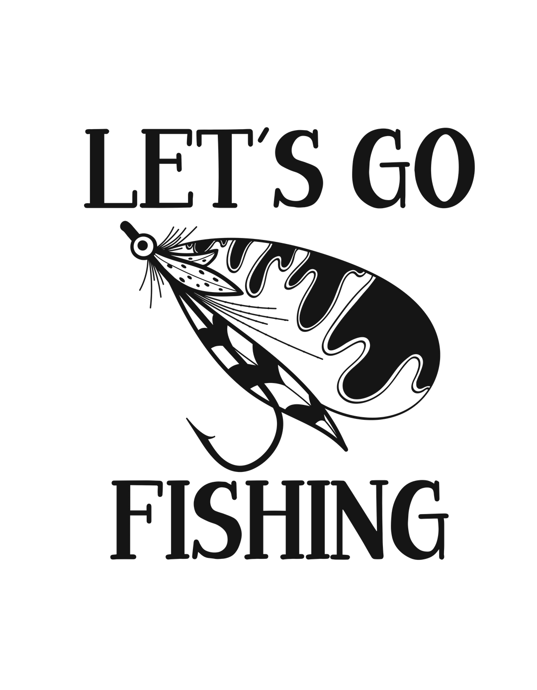 Black and white Let's Go Fly Fishing unisex tee graphic featuring a fishing lure logo and typography. Classic fit, 100% cotton, sustainably sourced materials. From Worlds Worst Tees.