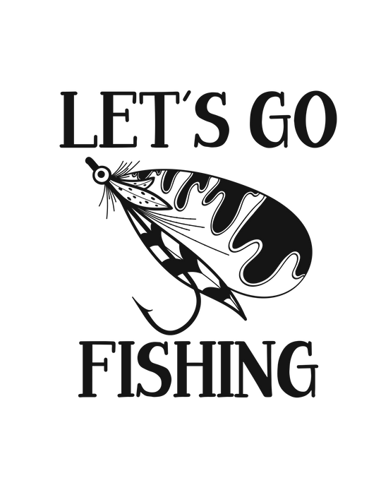 Black and white Let's Go Fly Fishing unisex tee graphic featuring a fishing lure logo and typography. Classic fit, 100% cotton, sustainably sourced materials. From Worlds Worst Tees.