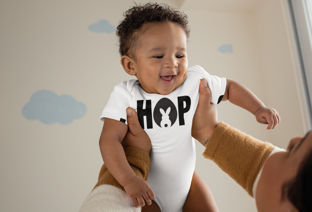 Hop Onesie: Soft ring-spun cotton infant bodysuit with lap shoulders for comfort and ease. Unisex fit, light fabric, perfect for younglings. From 'Worlds Worst Tees'.