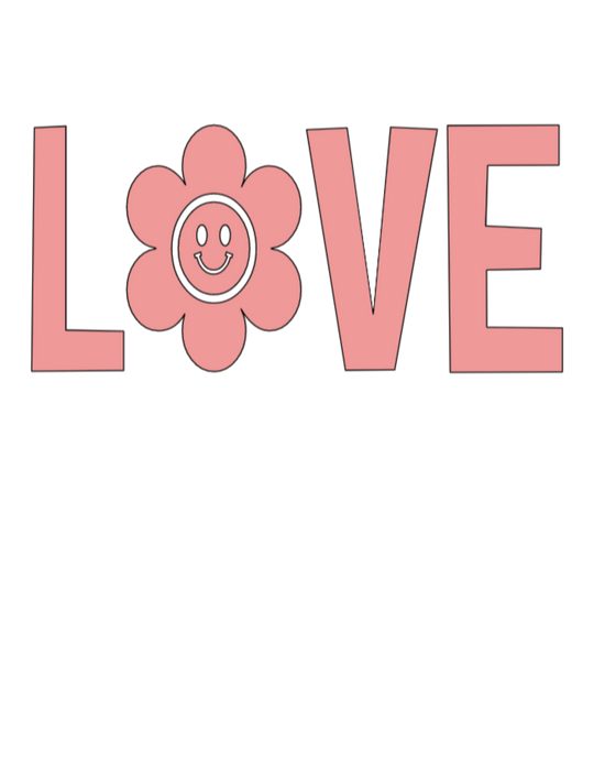 A custom Love Toddler Long Sleeve Tee featuring a pink flower with a smiling face design. Made from 100% combed ringspun cotton, with topstitched ribbed collar for durability and comfort.