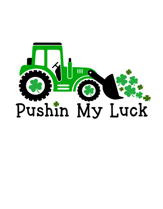 A toddler tee featuring a green tractor design with four leaf clovers, perfect for playful little ones. Made of 100% Airlume combed cotton, light and comfy for everyday wear. Pushin My Luck Toddler Tee by Worlds Worst Tees.